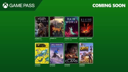 Xbox Game Pass August 2025 "Coming Soon" games, featuring covers for eight upcoming titles on a vibrant green background.