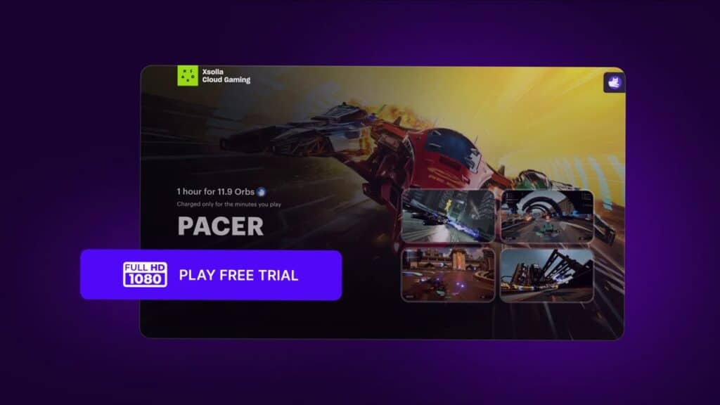A futuristic racing game on screen, featuring "Play Free Trial" and "Full HD 1080" buttons highlighted—experience thrilling xsolla cloud gaming trials.