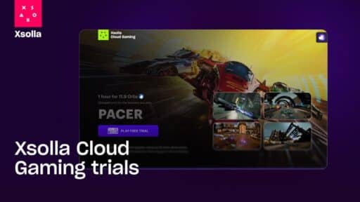 Xsolla Cloud Gaming trials page featuring PACER with a vibrant purple background and a prominent “Play Free Trial” button.