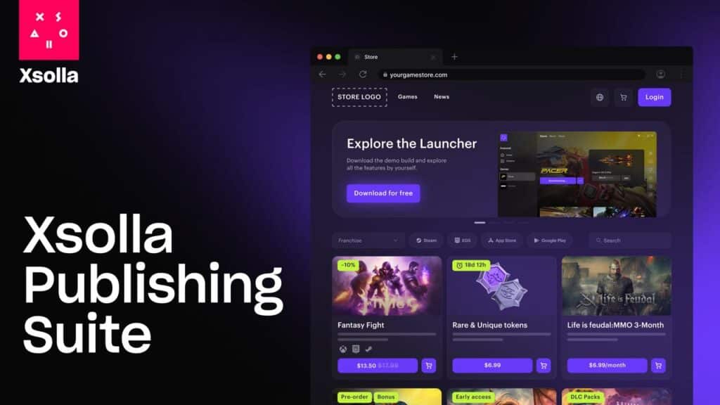 Screenshot of Xsolla Publishing Suite website featuring games, a purple-themed user interface, and highlights of xsolla cloud gaming trials.