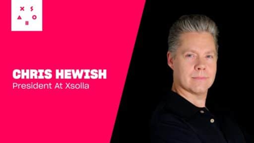 Man with gray hair in a black shirt beside text: "Chris Hewish, President at Xsolla" on pink and black background.