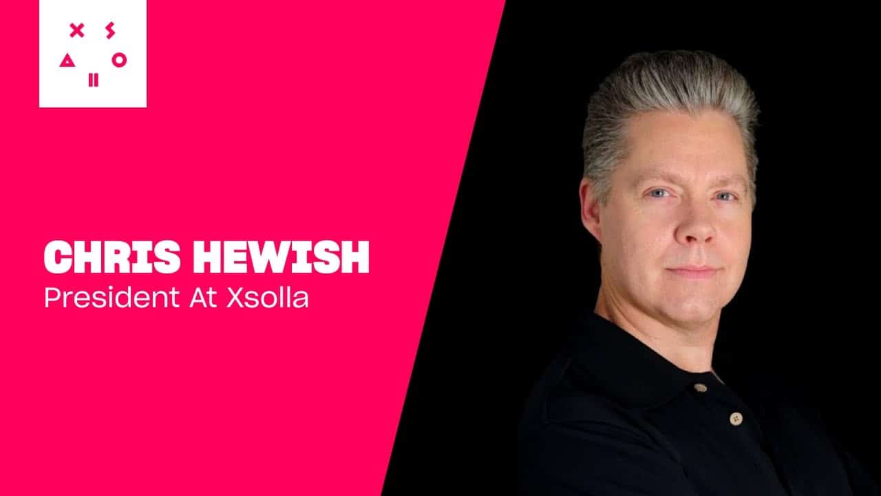 Man with gray hair in a black shirt beside text: "Chris Hewish, President at Xsolla" on pink and black background.