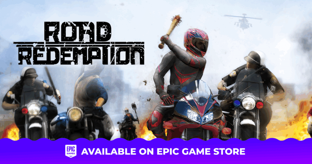 A biker swinging a club at other riders with road redemption in black writing