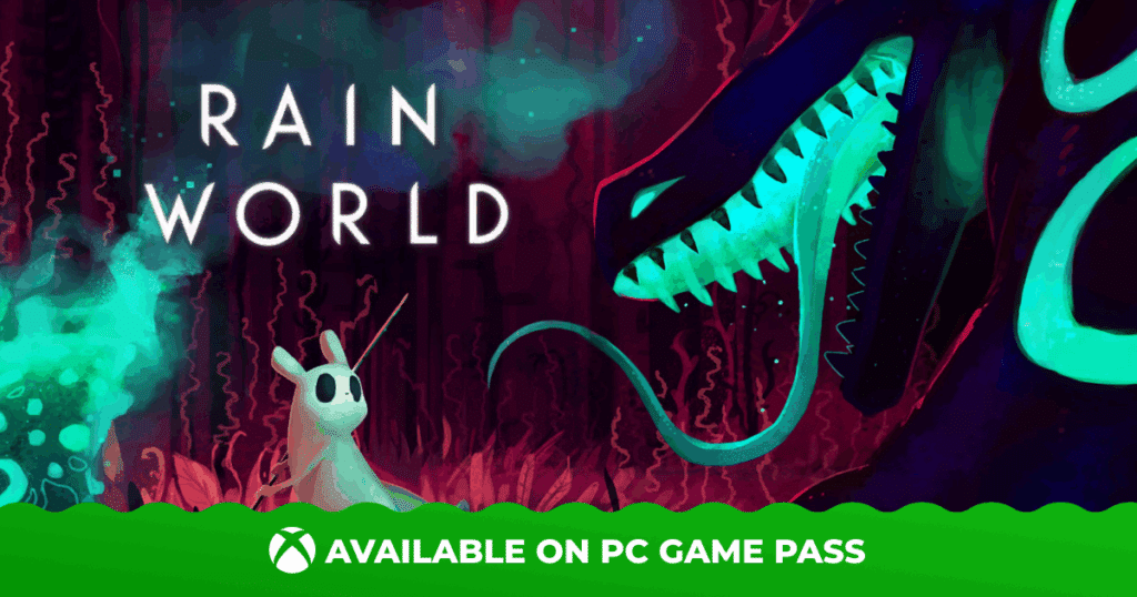 A cartoon snake opening its mouth trying to eat a white character with Rain World above the character