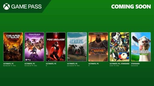 Xbox Game Pass "Coming Soon" screen showing various upcoming game titles on a green background.