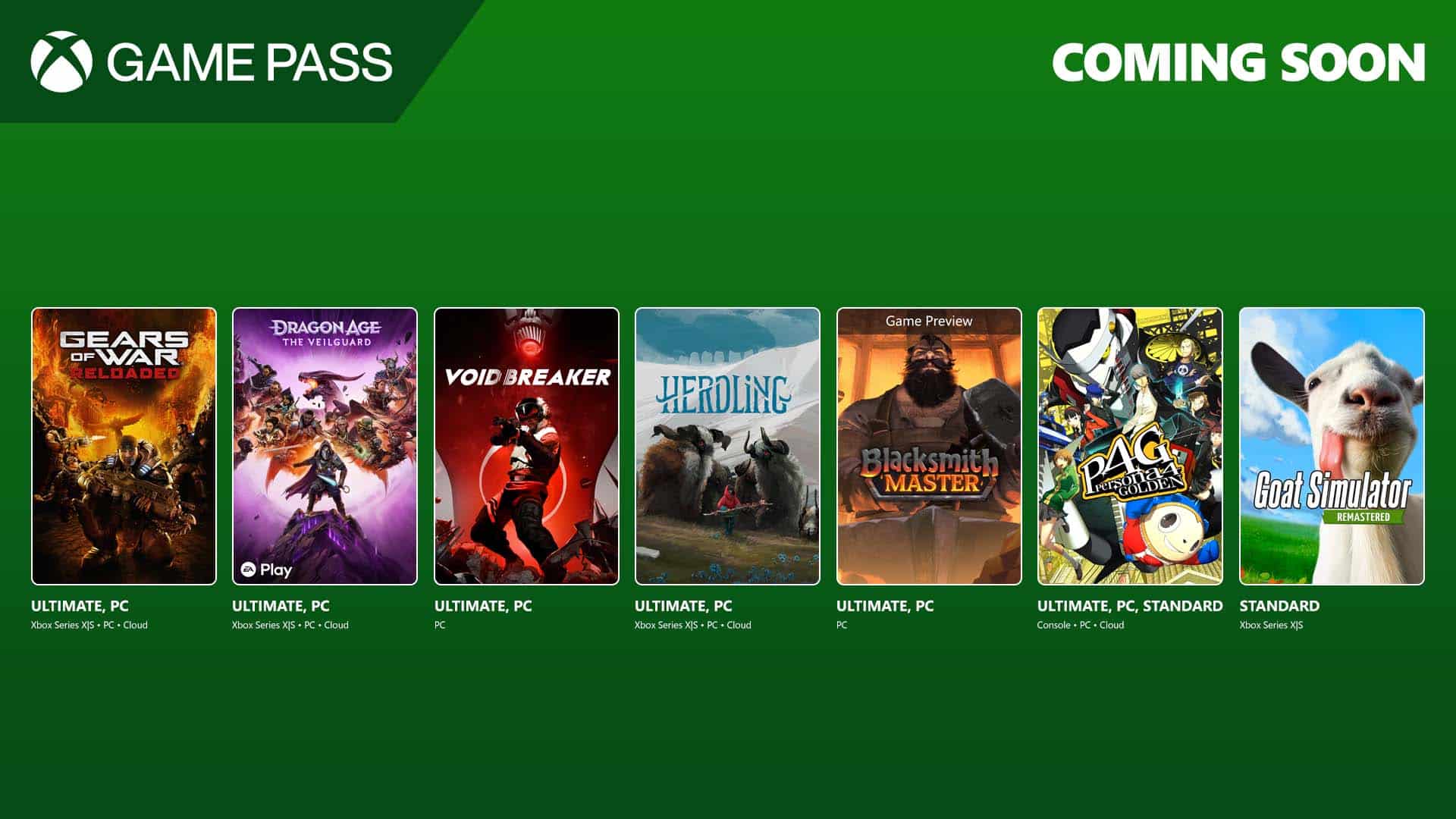 Xbox Game Pass "Coming Soon" screen showing various upcoming game titles on a green background.