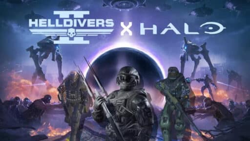 Helldivers 2 and Halo crossover art with armored soldiers and alien creatures in a sci-fi battle scene.