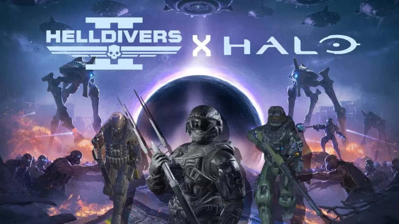 Helldivers 2 and Halo crossover art with armored soldiers and alien creatures in a sci-fi battle scene.