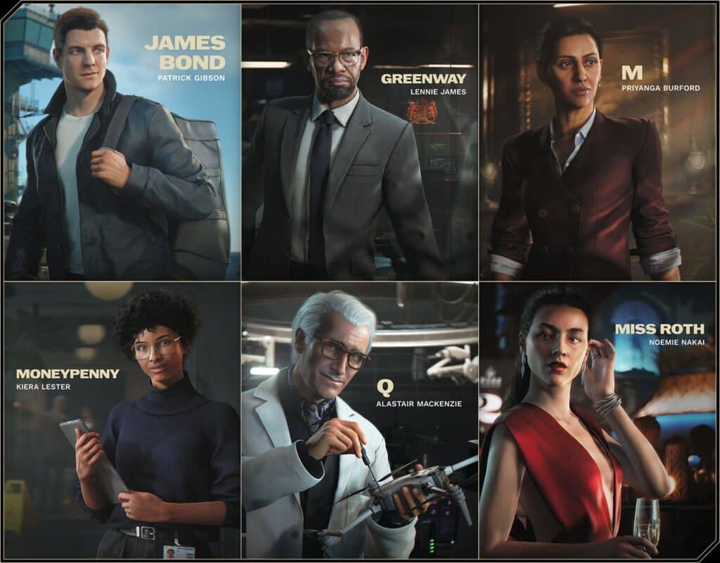 Seven stylized portraits of characters from the 007: First Light State of Play, each labeled with their name and role.