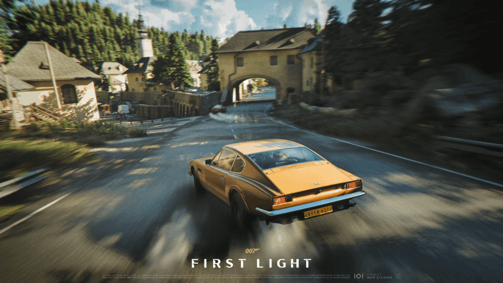 A yellow vintage car drifts on a road in a scenic village with trees and houses, reminiscent of the 007 First Light State of Play, under bright daylight.