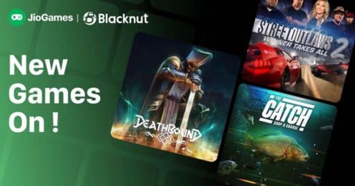 Promotional banner for JioGames Cloud new games and Blacknut featuring three new game covers and the text "New Games On!".