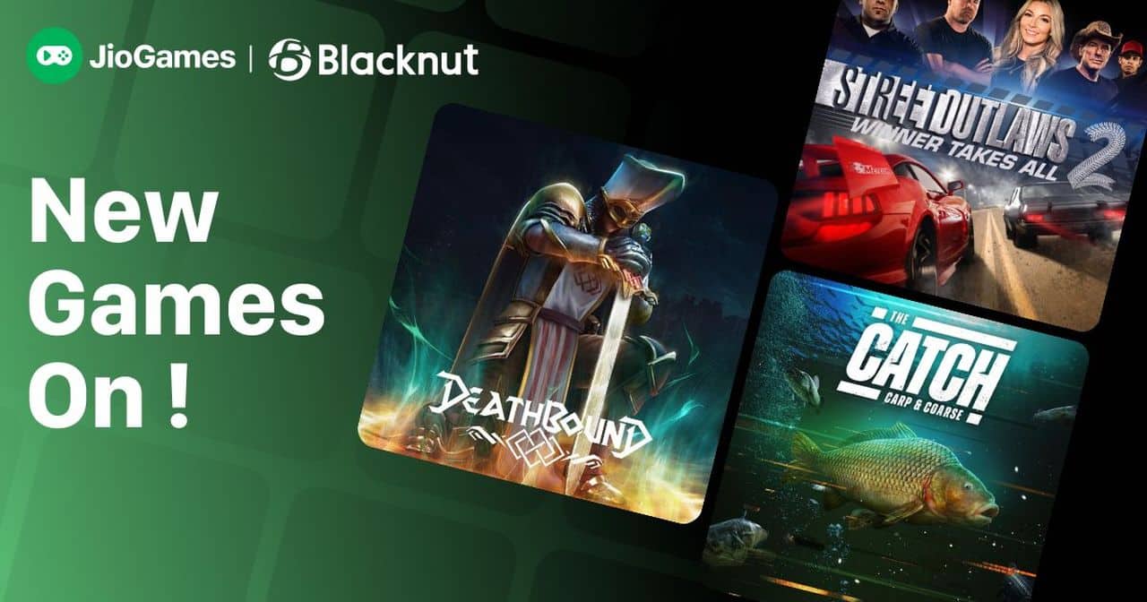 Promotional banner for JioGames Cloud new games and Blacknut featuring three new game covers and the text "New Games On!".