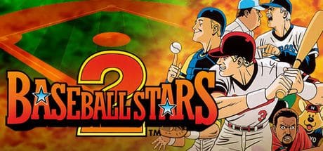 Illustrated baseball players with bats and gloves, "Baseball Stars 2" logo in bold letters in the foreground.