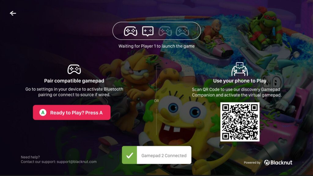 Game start screen with cartoon characters, gamepad pairing options, a QR code for phone pairing, and a prompt about the latest Blacknut Companion App Update.