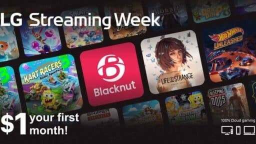 Tile-based game selection promo for "LG Streaming Week 2025" with a $1 first month offer, highlighting the Blacknut app.