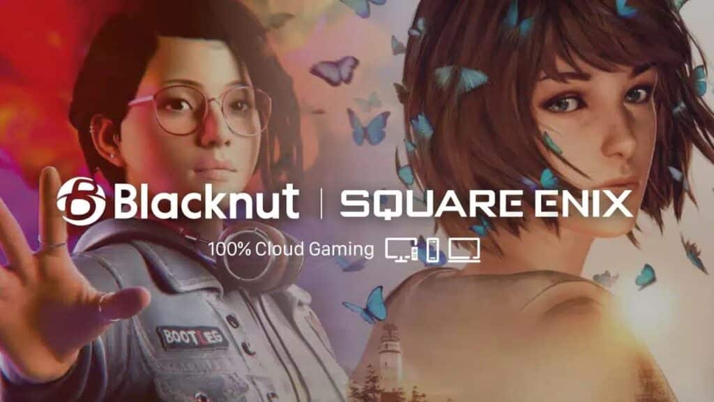 Two animated female characters with Blacknut and Square Enix logos highlight 100% cloud gaming, showcasing the future of Blacknut smart TV cloud gaming.