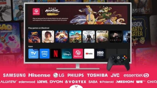 A TV displays games and apps like Avatar, FIFA, Disney+, with a game controller and brand logos below—highlighting Blacknut smart TV cloud gaming for seamless entertainment.