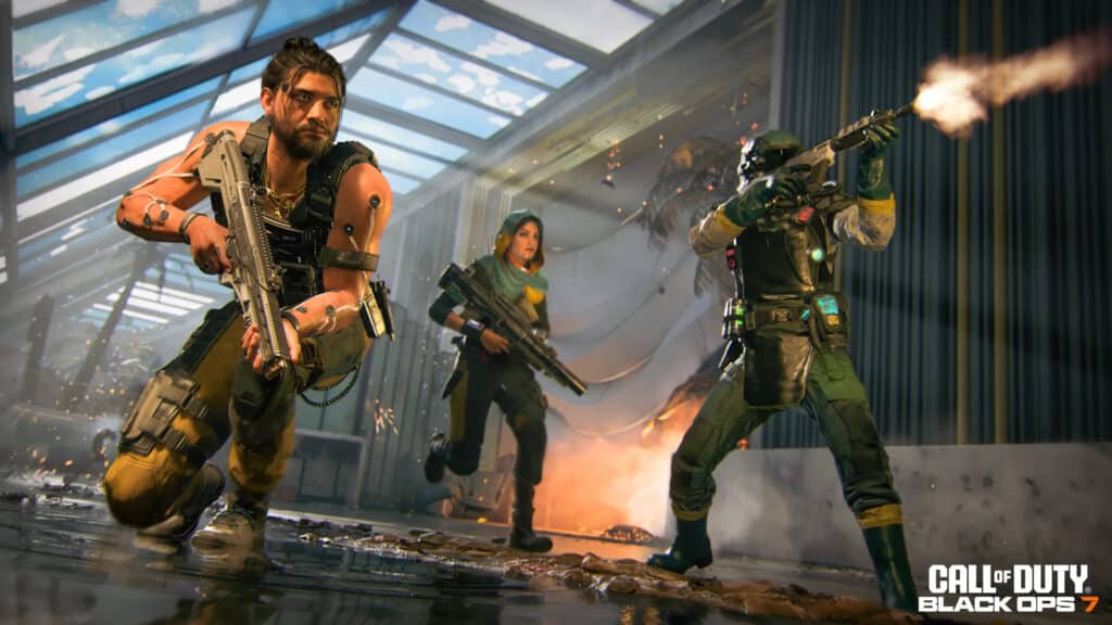 Three armed soldiers in combat gear move through a glass-roofed building, engaged in a firefight—experience the intensity in the Call of Duty Black Ops 7 Open Beta.