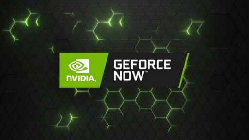 NVIDIA GeForce NOW logo on a dark background with green hexagonal patterns and glowing lines.