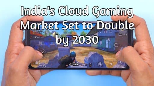 Hands holding a smartphone playing a shooting game, featuring text highlighting the rapid growth of the India cloud gaming market by 2030.
