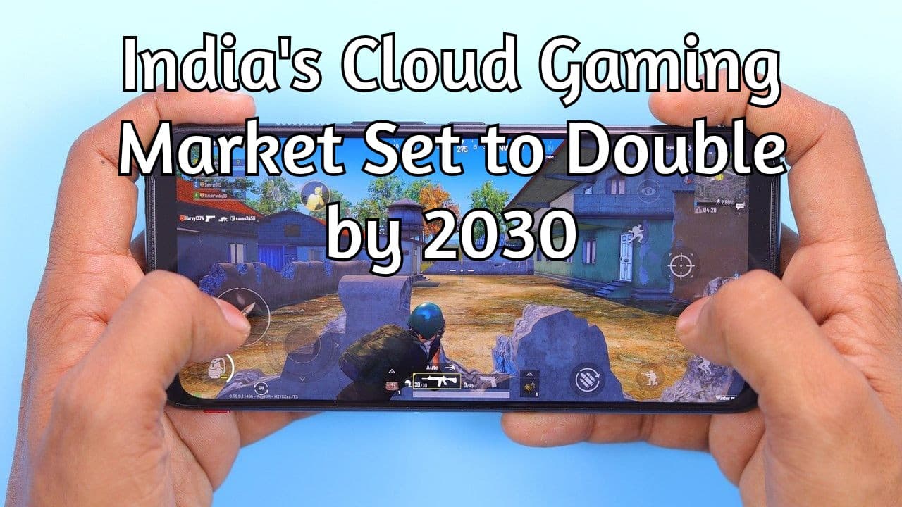 Hands holding a smartphone playing a shooting game, featuring text highlighting the rapid growth of the India cloud gaming market by 2030.