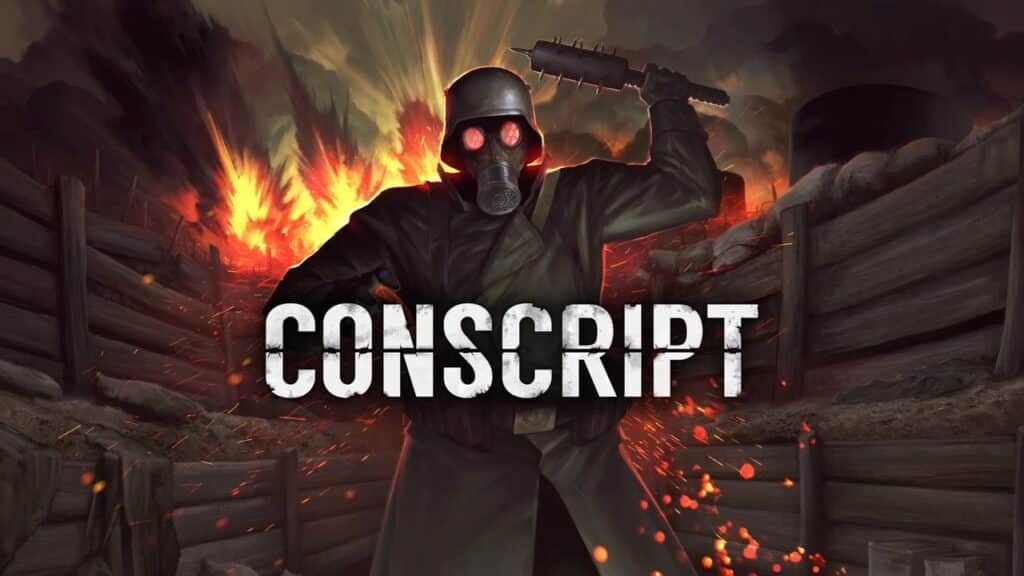 A soldier in a gas mask stands in a trench with fire and explosions behind, holding a weapon. Text: "CONSCRIPT" as one of the PlayStation Plus September 2025 games.