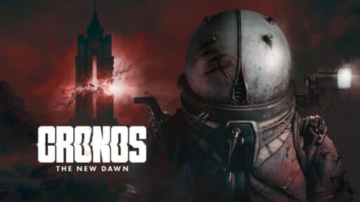 A person in a futuristic helmet stands before a dark cityscape with lightning and a clock tower; text reads Cronos The New Dawn.
