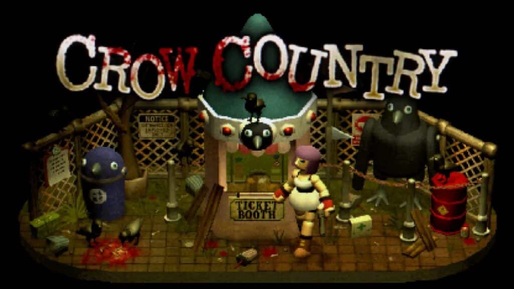 A woman stands near a ticket booth with large crow statues and the words "Crow Country" overhead as one of the PlayStation Plus September 2025 games.