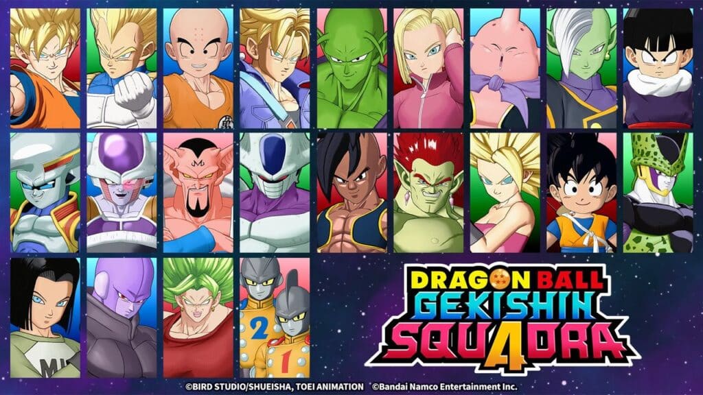 Grid of 20 Dragon Ball characters with the “Dragon Ball Gekishin Squadra 4” logo at the bottom—perfect for a Dragon Ball Gekishin Squadra preview.