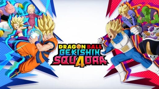 Dragon Ball characters split into two sides, preparing for battle, with the title "Dragon Ball Gekishin Squadra" centered—get an epic first look in this Dragon Ball Gekishin Squadra preview.