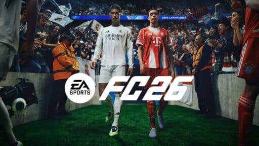 Two soccer players walk onto a stadium field with the vibrant EA Sports FC 26 logo shining in front of them.