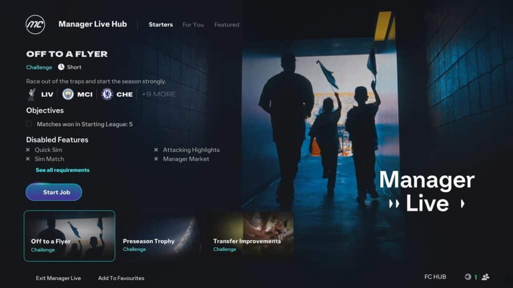 A video game menu for EA Sports FC 26 displays soccer objectives, team icons, and silhouettes of cheering fans waving flags.