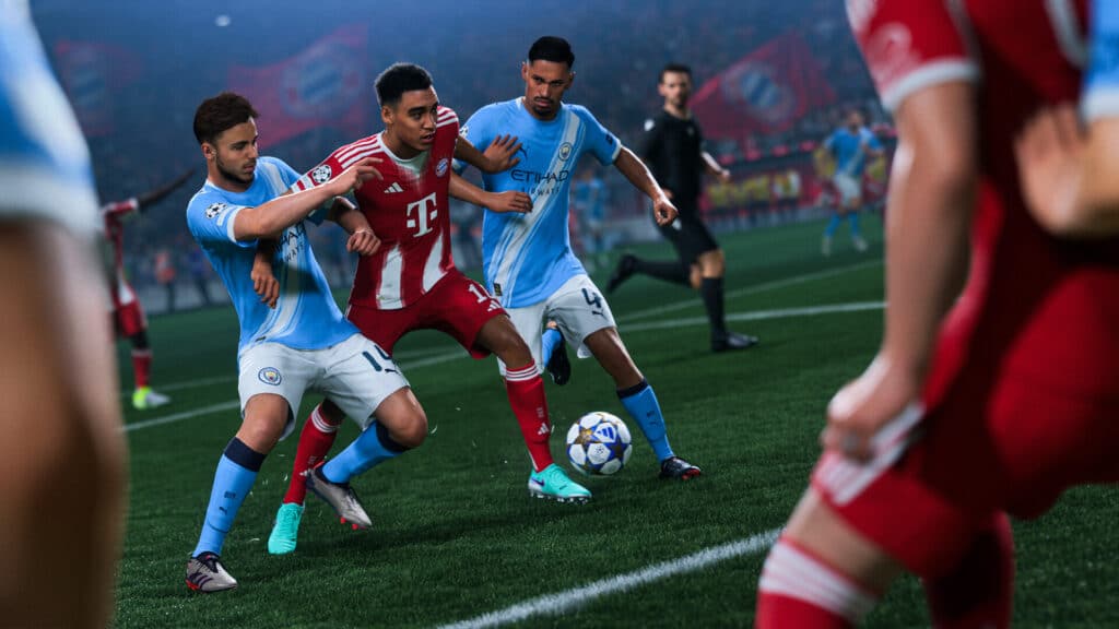 Soccer players from two teams compete for the ball during an intense EA Sports FC 26 match on a stadium field.