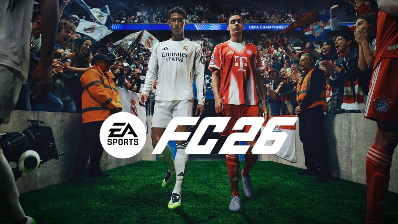 Two soccer players walk onto a stadium field with the vibrant EA Sports FC 26 logo shining in front of them.