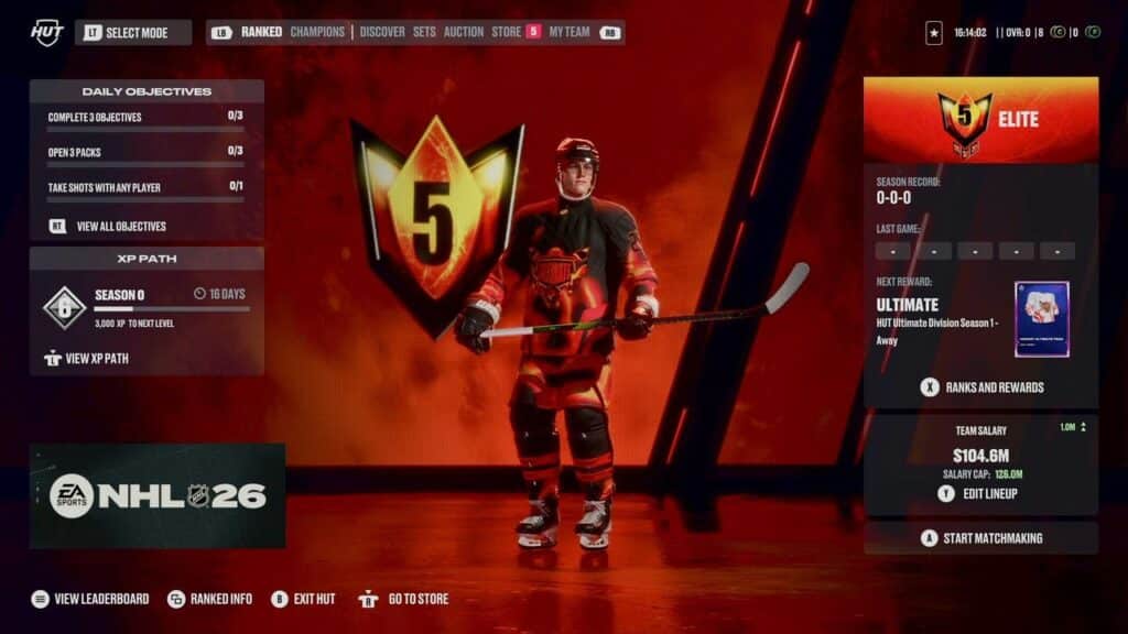 A hockey player stands in the Elite Division 5 menu screen of NHL 26’s HUT Ultimate Team, with objectives shown—a glimpse into the competitive spirit soon to come in EA Sports NHL 26.