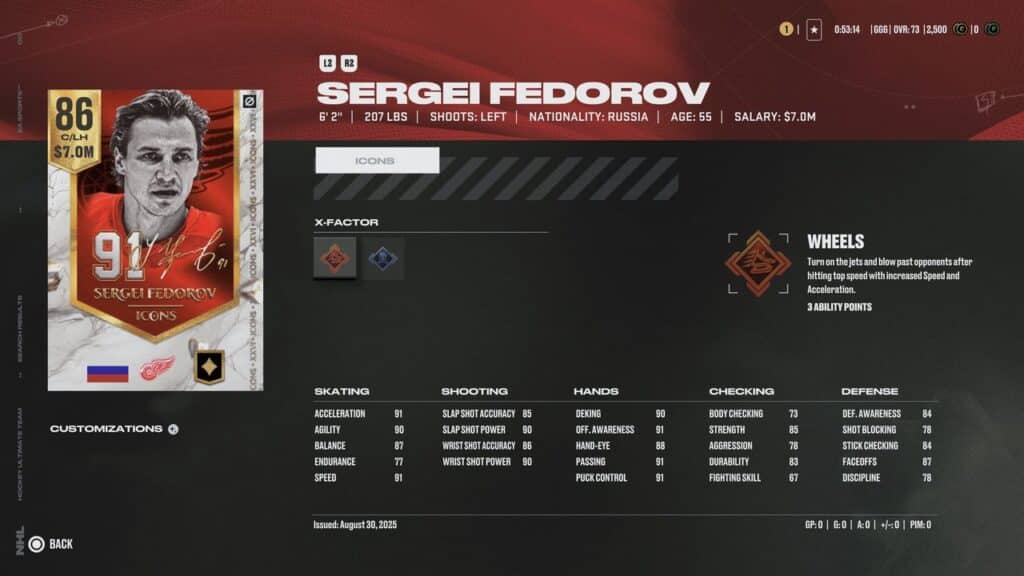 Hockey player Sergei Fedorov’s player card with stats and abilities featured in EA Sports NHL 26.