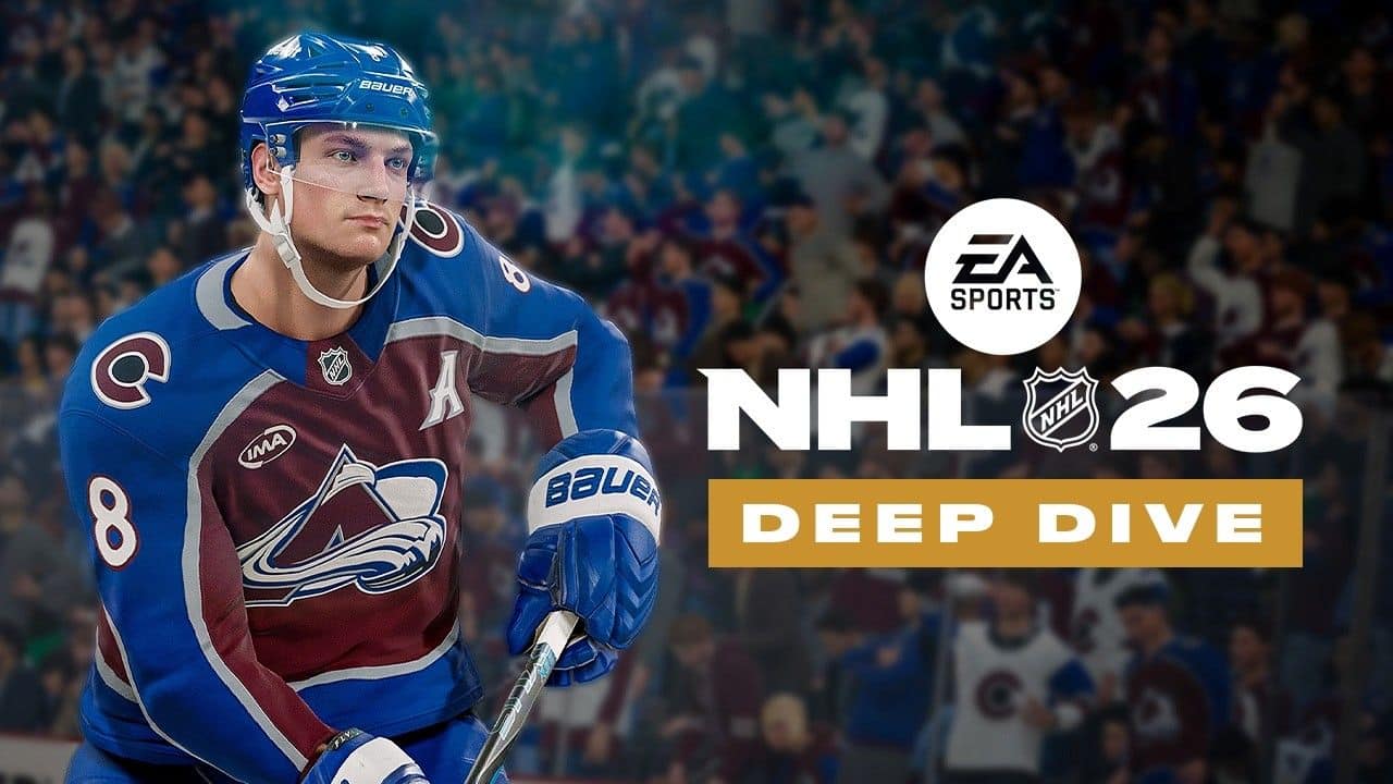 NHL player in Avalanche jersey with EA Sports NHL 26 Deep Dive text overlay, set against a lively hockey crowd background.
