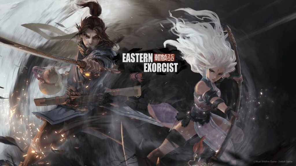 Two warriors, one with a sword and dark hair, and one with white hair, pose dynamically with swirling energy in Eastern Exorcist.