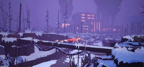 A fox crosses a snowy log in a winter forest with distant glowing buildings under a purple sky.