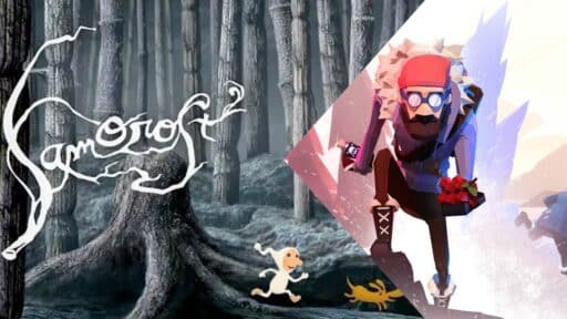 Split image: left shows "Samorost 2" title with a forest, right shows a hiker in low-poly art style with a camera—highlighting one of the Epic Games Store free games.