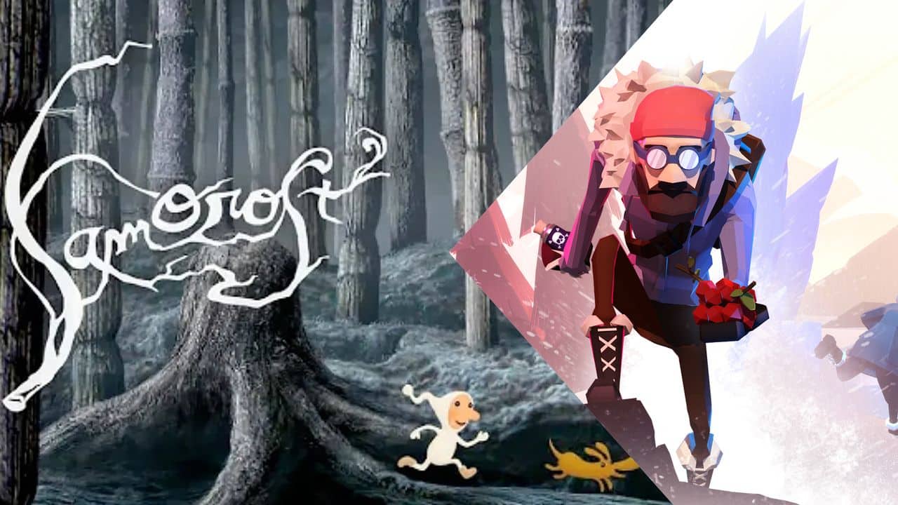 Split image: left shows "Samorost 2" title with a forest, right shows a hiker in low-poly art style with a camera—highlighting one of the Epic Games Store free games.
