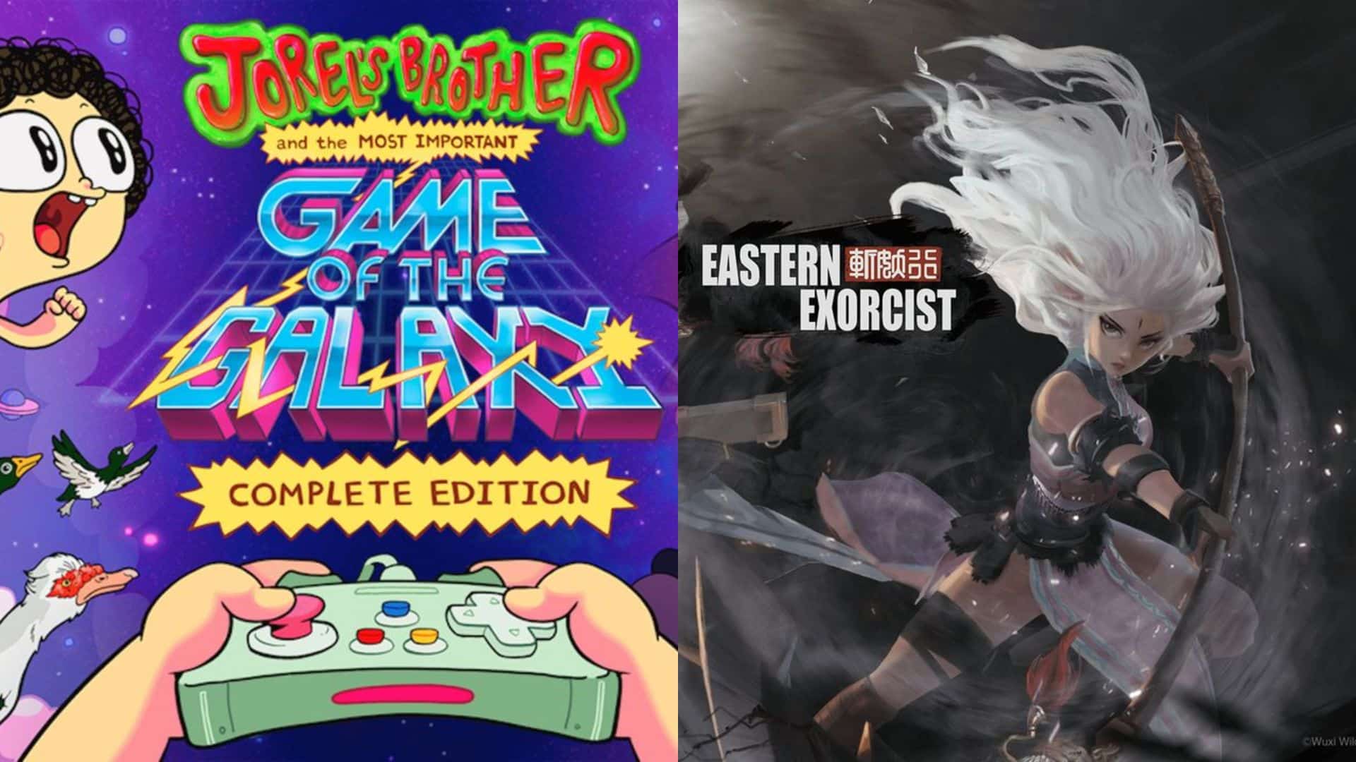 Split image: left shows "Joey's Brother Game of the Galaxy" game art, right features "Eastern Exorcist" warrior, both highlighting this week’s Epic Games Store free games.