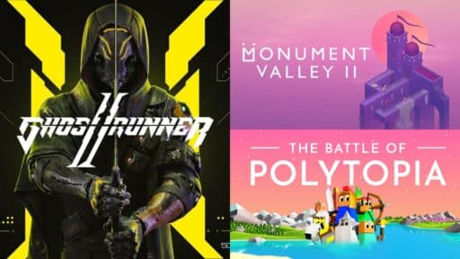 Split image: Ghostrunner II character left, Monument Valley II pink tower top right, Polytopia blocky figures bottom. All are part of Epic Games Store Free Games.