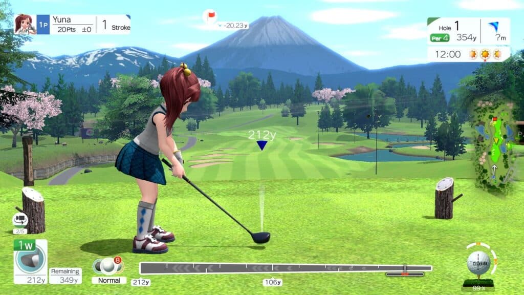 Anime-style girl golfing on a lush green course with mountains and blue sky in the background, reminiscent of Everybody’s Golf Hot Shots, game HUD visible.