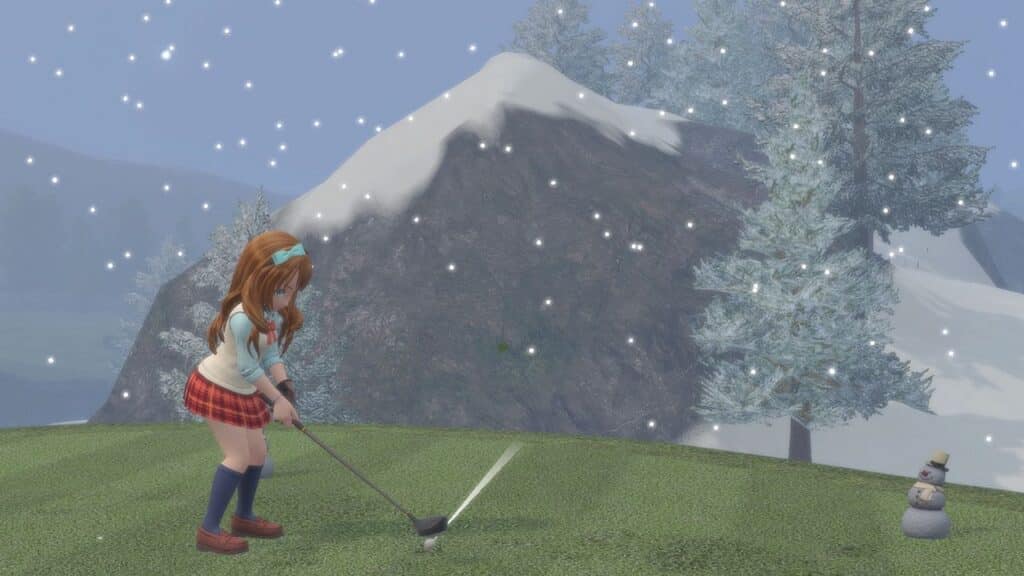 A girl in a red skirt plays golf in the snow, with mountains and trees in the background—bringing to mind a scene from Everybody's Golf Hot Shots.