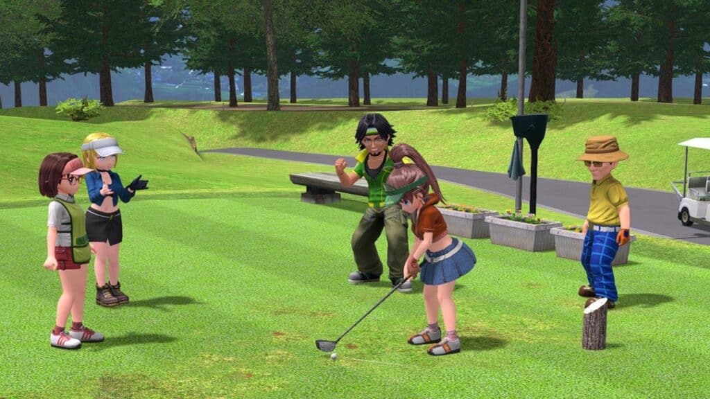 Animated characters reminiscent of Everybody's Golf Hot Shots playing golf on a green field, with trees and a golf cart in the background.