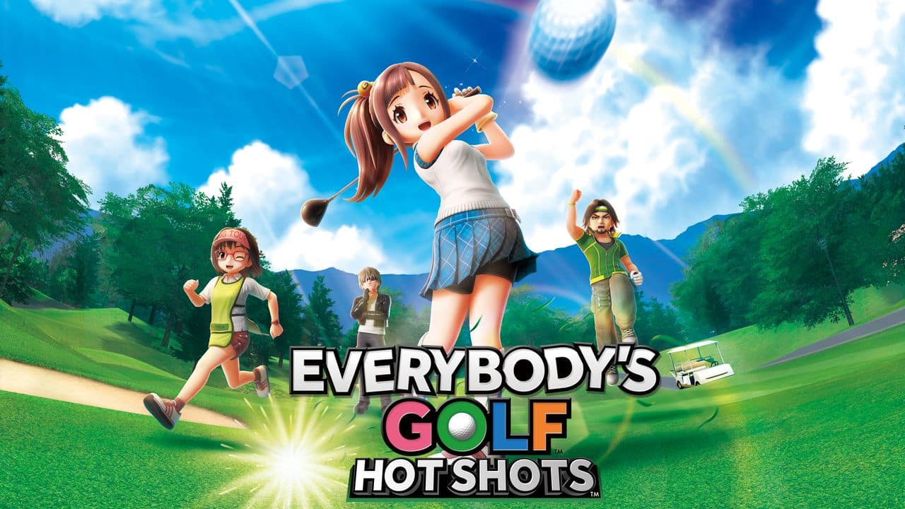 Animated golfers swinging clubs on a lush, sunny golf course with the iconic "Everybody's Golf Hot Shots" title displayed below.