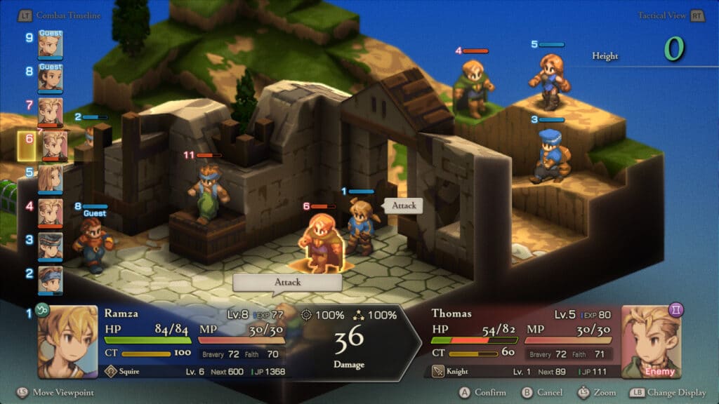 Tactical RPG battle scene inspired by Final Fantasy Tactics: The Ivalice Chronicles, featuring character stats, turn order, and attack options in a ruined stone building.