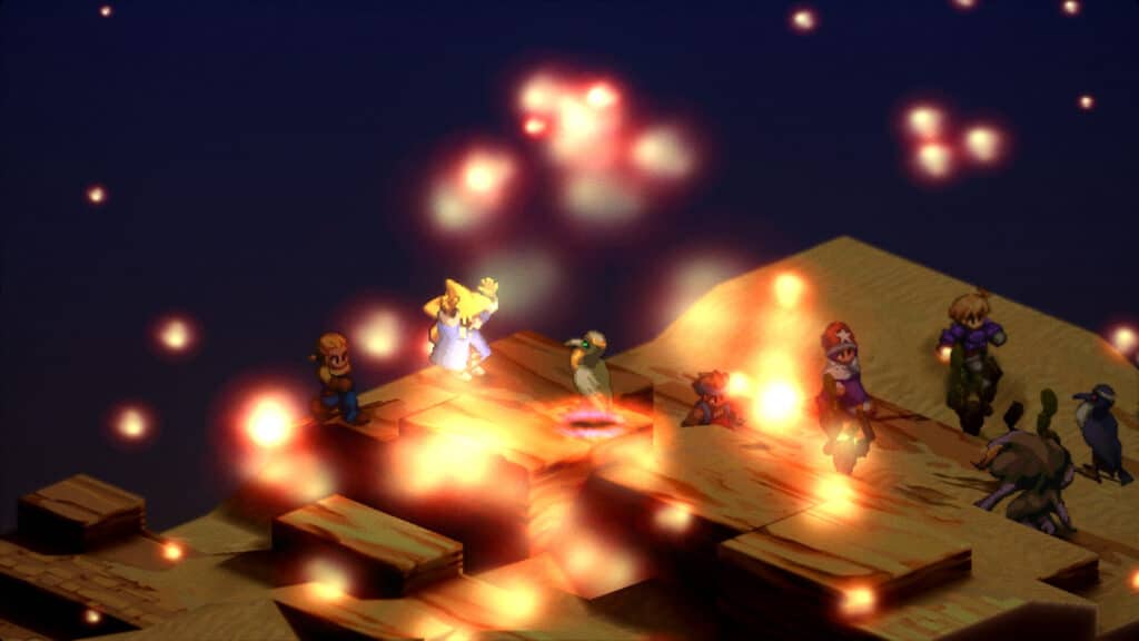 Animated characters on a rocky, glowing battlefield with fiery orbs floating in the air, evoking the epic style of Final Fantasy Tactics The Ivalice Chronicles.
