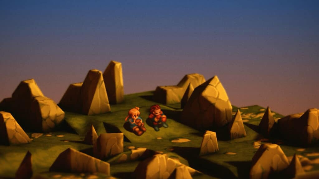 Two animated characters sit together on grassy terrain surrounded by jagged rocks under a clear sky, evoking the world of Final Fantasy Tactics The Ivalice Chronicles.